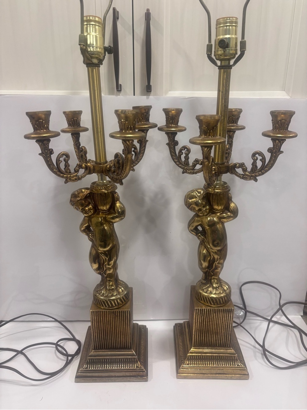 Vintage brass pair of gold cherub candelabra table lamps Hollywood regency